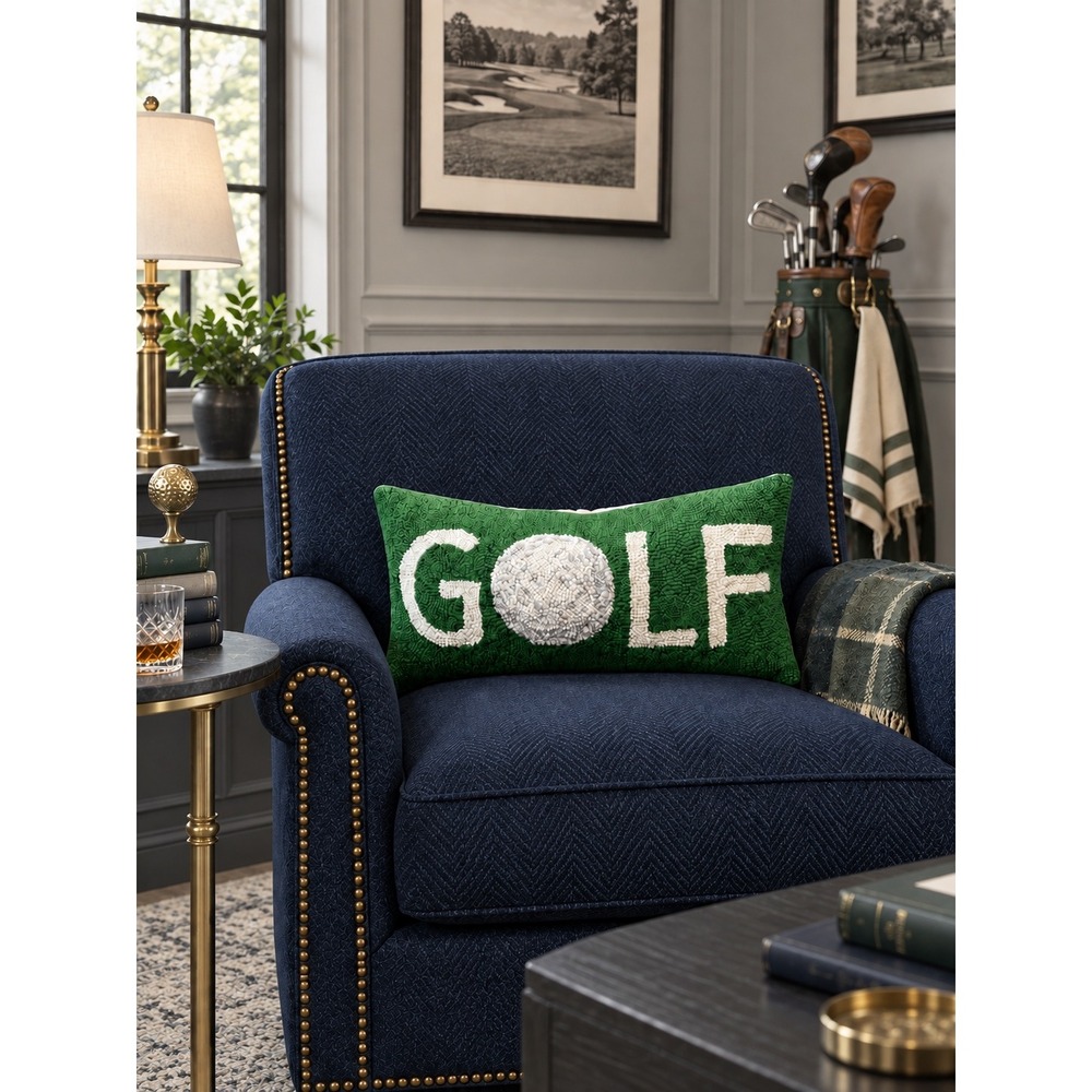 Peking Handicraft Golf Hooked Wool Lumbar Pillow 9x18 NWT